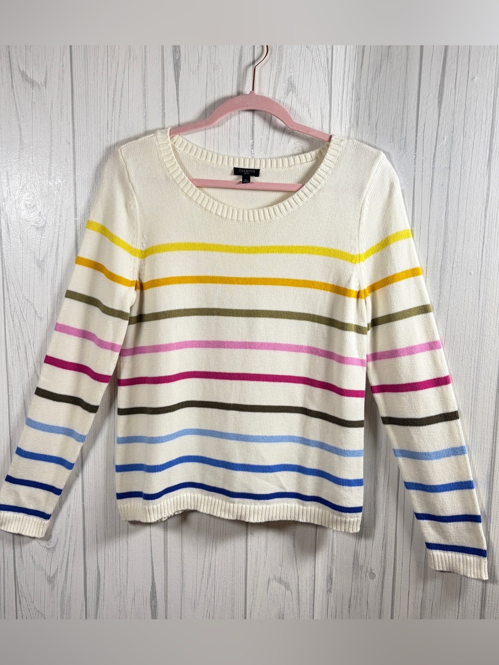 TALBOTS Rainbow Striped Cotton Crewneck Pullover Lightweight Sweater, MP